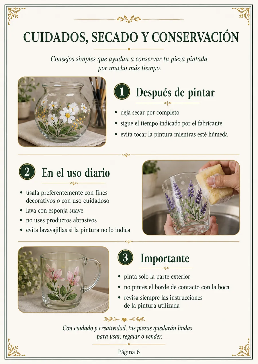 Página con cuidados, secado y conservación de la pieza pintada