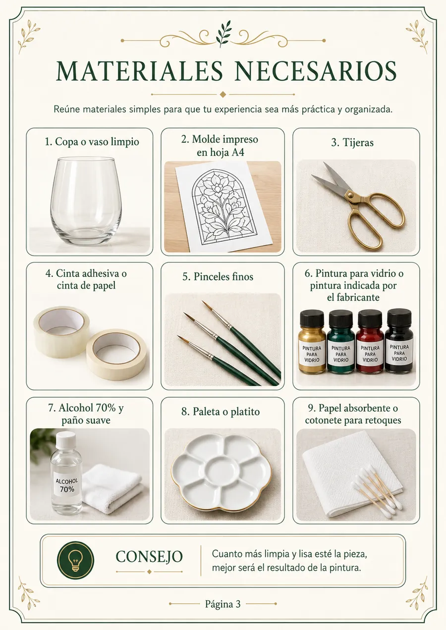Página con los materiales necesarios para pintar sobre vidrio