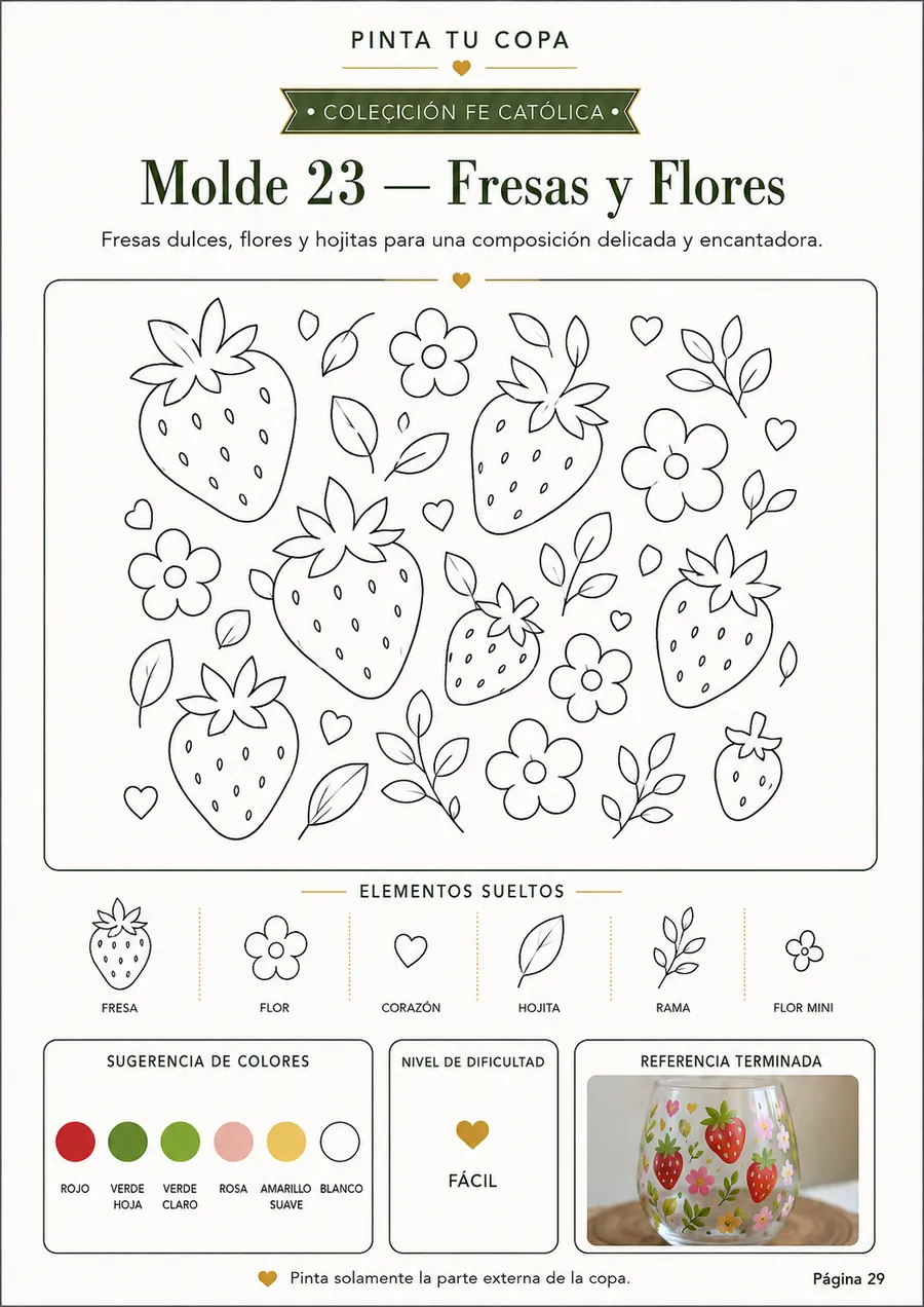 Plantilla 23 — Fresas y Flores, página interior de Pinta Tus Copas
