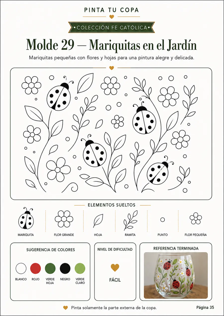 Plantilla 29 — Mariquitas en el Jardín, página interior de Pinta Tus Copas