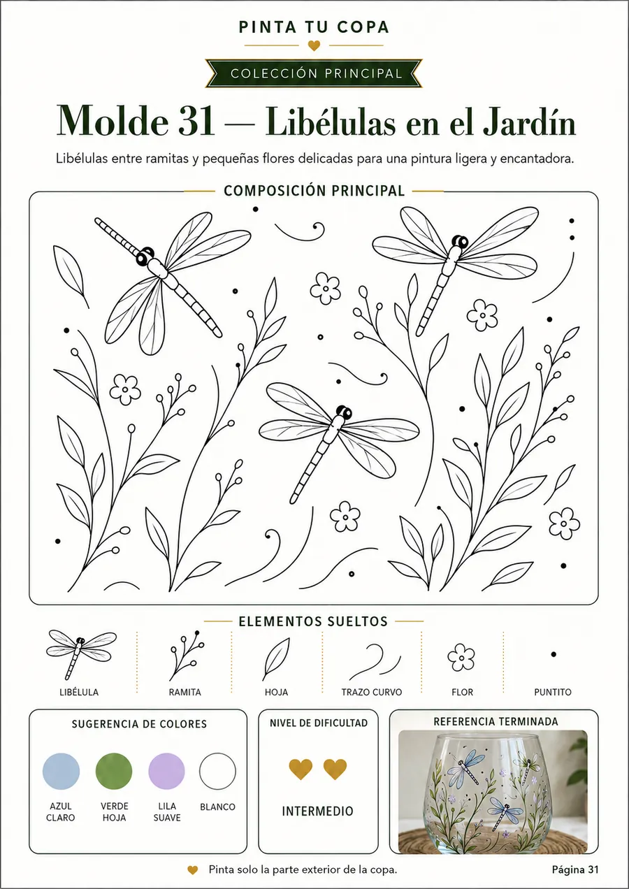Plantilla 31 — Libélulas en el Jardín, página interior de Pinta Tus Copas