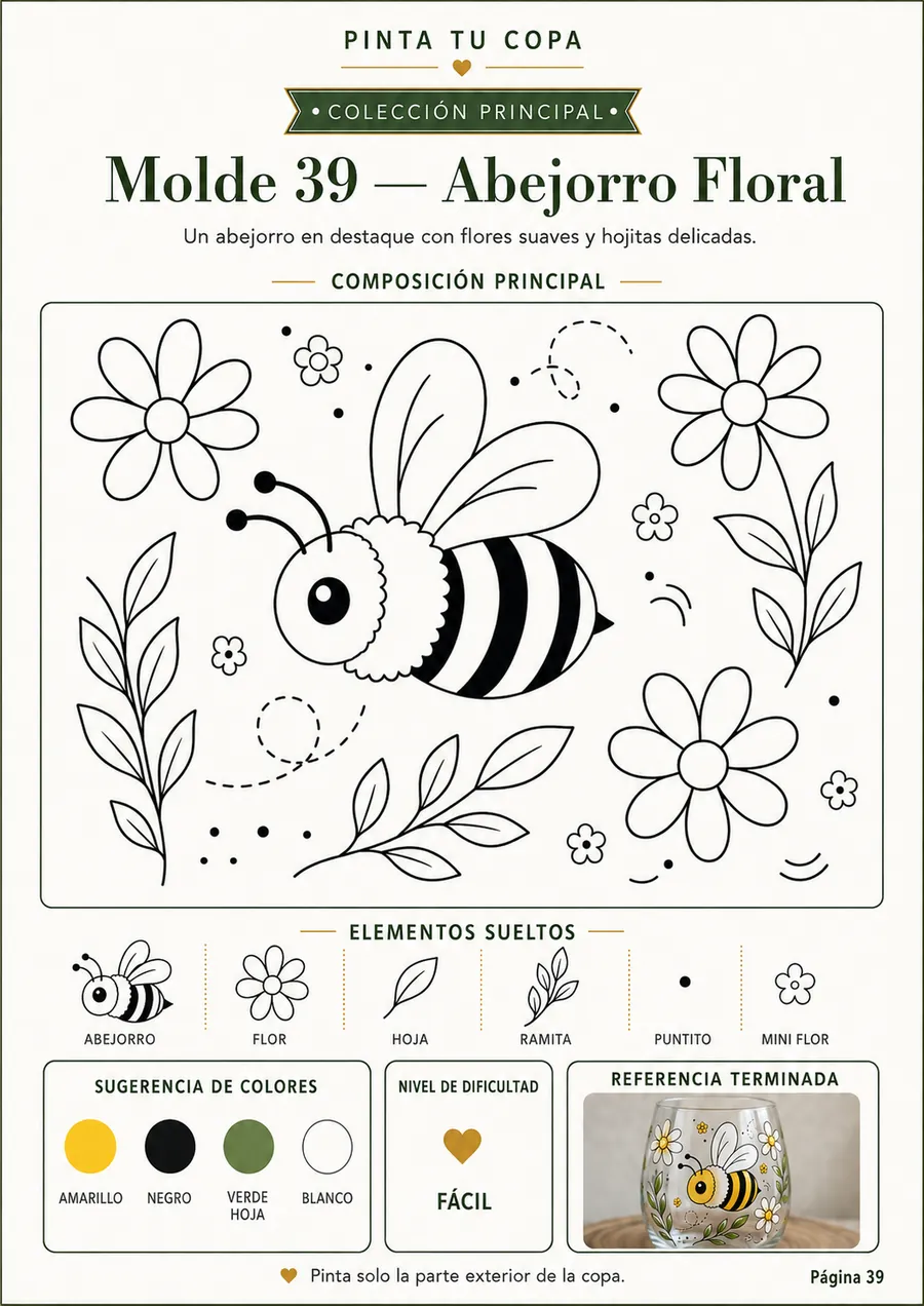 Plantilla 39 — Abejorro Floral, página interior de Pinta Tus Copas