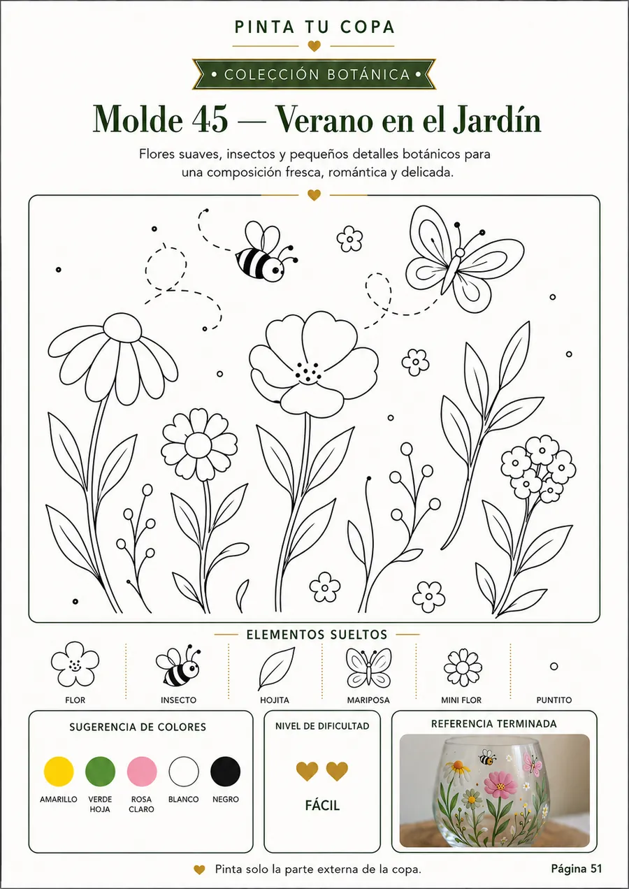 Plantilla 45 — Verano en el Jardín, página interior de Pinta Tus Copas
