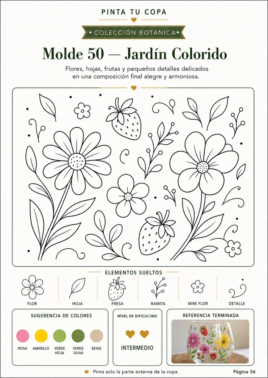 Plantilla 50 — Jardín Colorido, página interior de Pinta Tus Copas