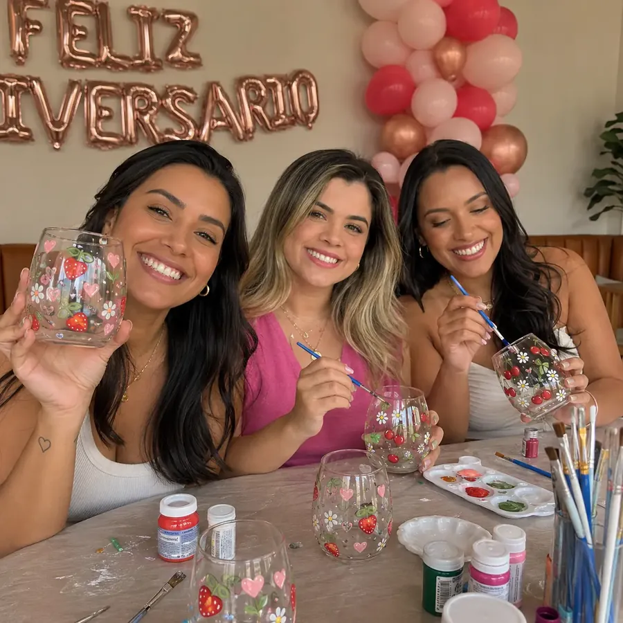 Amigas celebrando un cumpleaños pintando copas con fresas y corazones