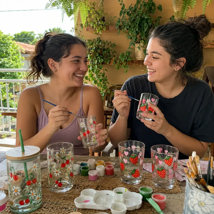 Dos jóvenes pintando copas con margaritas y cerezas en la terraza