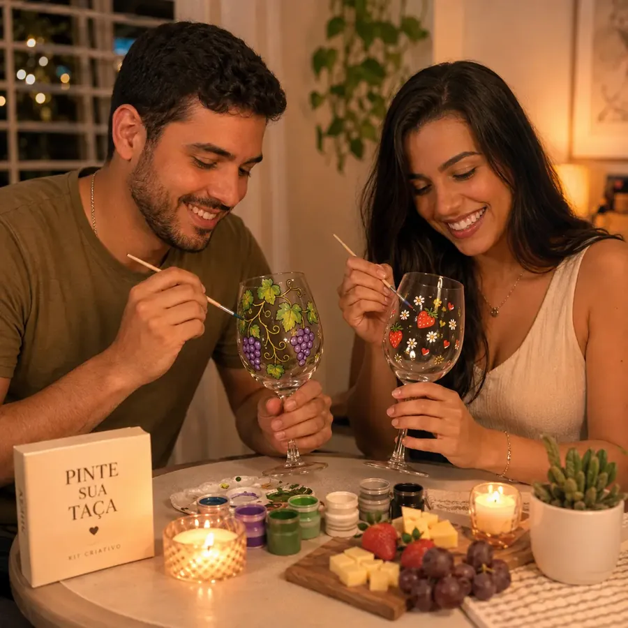 Pareja pintando copas juntos en una noche a solas