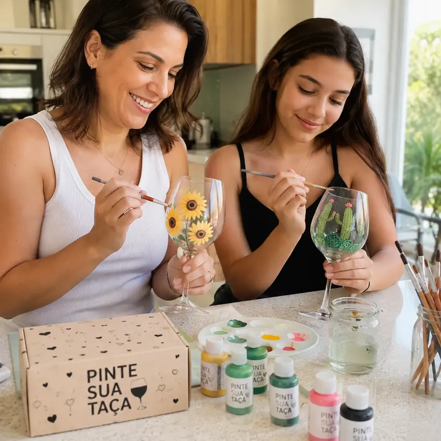 Madre e hija pintando copas con girasoles y cactus en la cocina