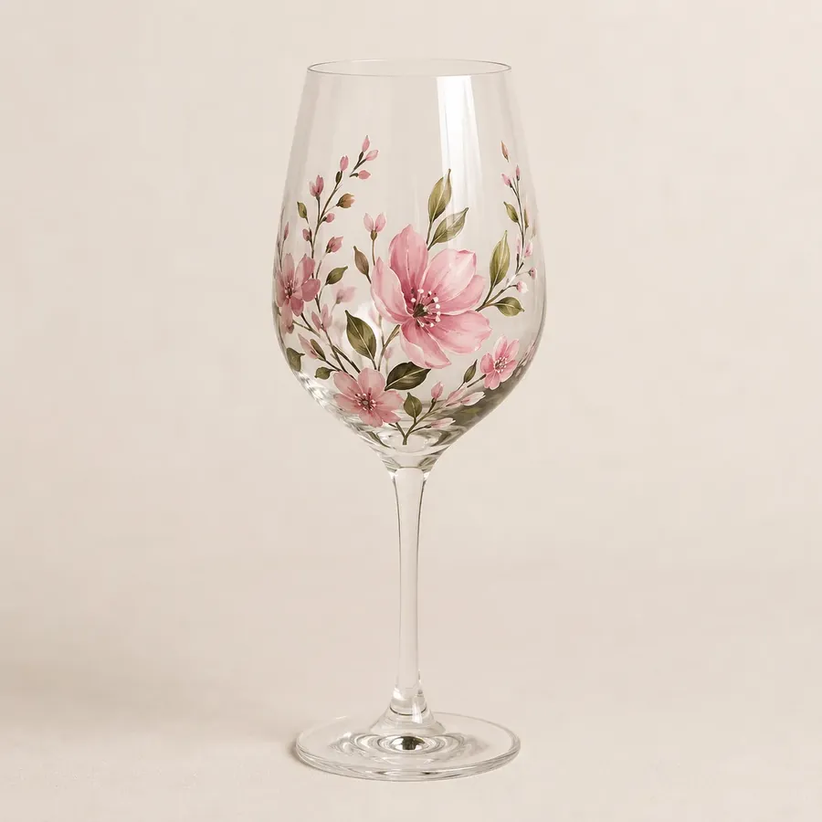 Copa pintada a mano con flores rosadas
